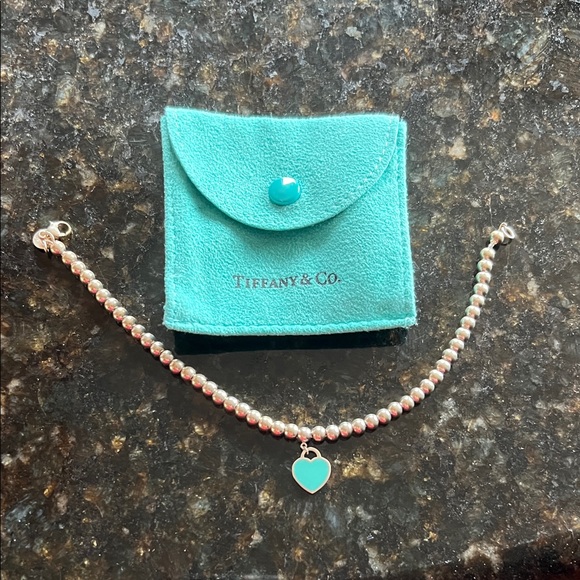 Tiffany & Co. Jewelry - Auth Tiffany & Co. Silver Bead Bracelet with blue Heart Charm. 7.5 inches